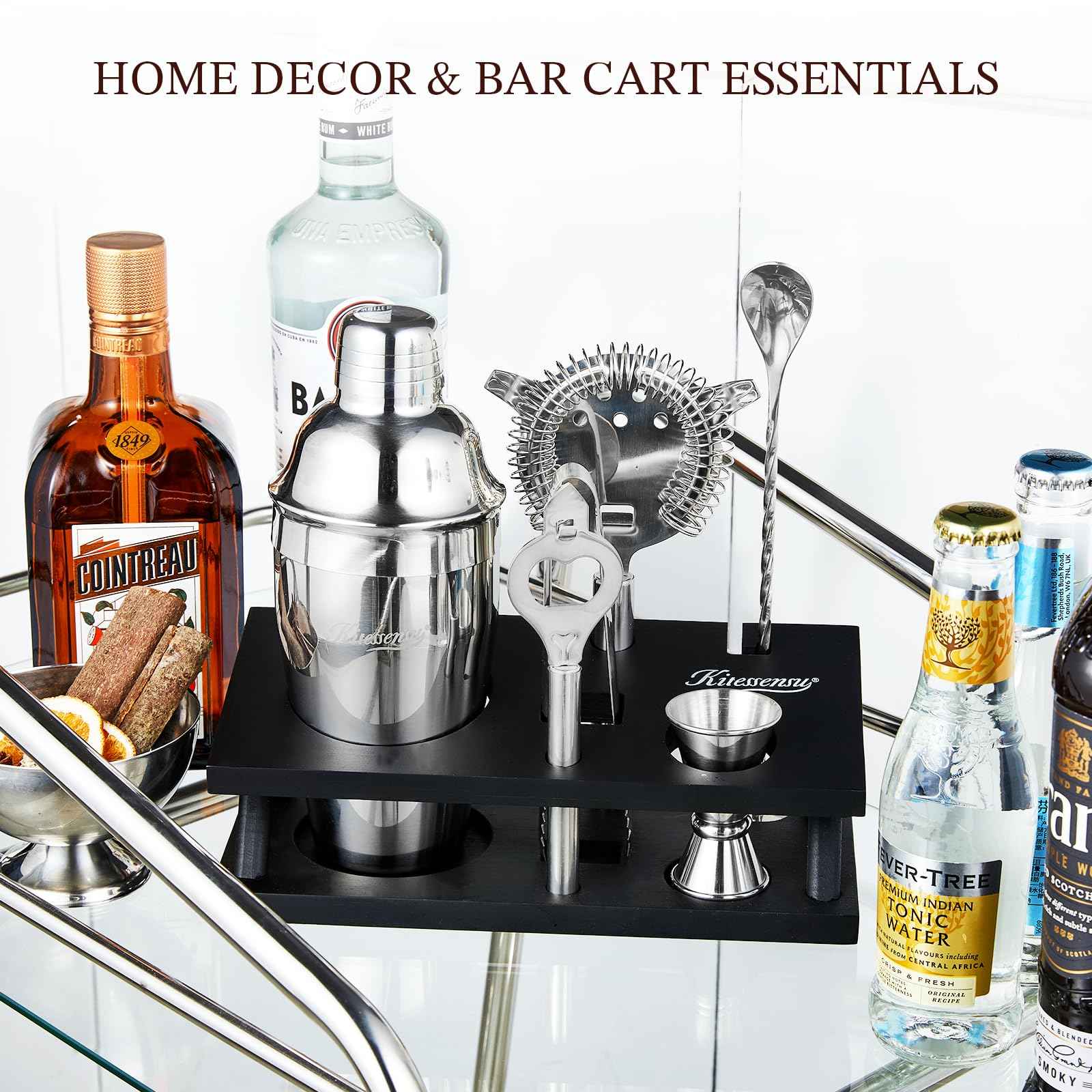 KITESSENSU Cocktail Shaker Set Bartender Kit with Stand | Bar Set Drink Mixer Set with All Essential Accessory Tools: Martini Shaker, Jigger, Strainer, Mixer Spoon, Muddler, Liquor Pourers |Silver