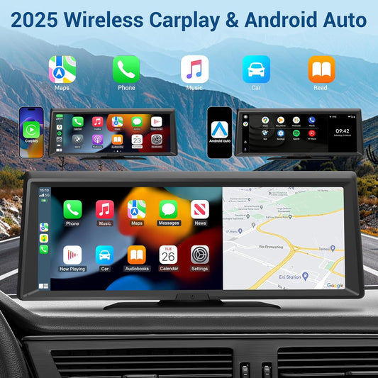 Wireless Portable CarPlay Screen，8.1" Portable Touchscreen Car Stereo with 2K Dash Cam/Carplay & Android Auto，1080P Backup Camera，GPS Navigation，Voice Control，Loop Recording，Mirror Link