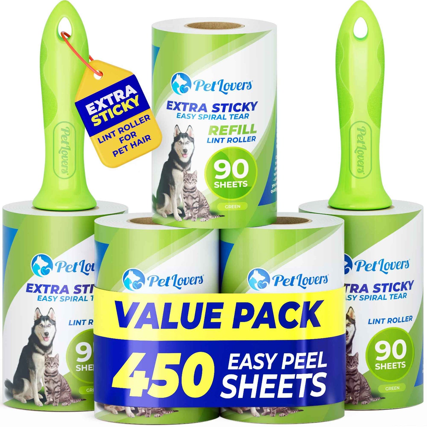 PetLovers Extra Sticky Lint Roller Mega Value Set 450 Sheets for Pet Hair Removal and Clothes, Dog and Cat Lint Remover 5 Pack