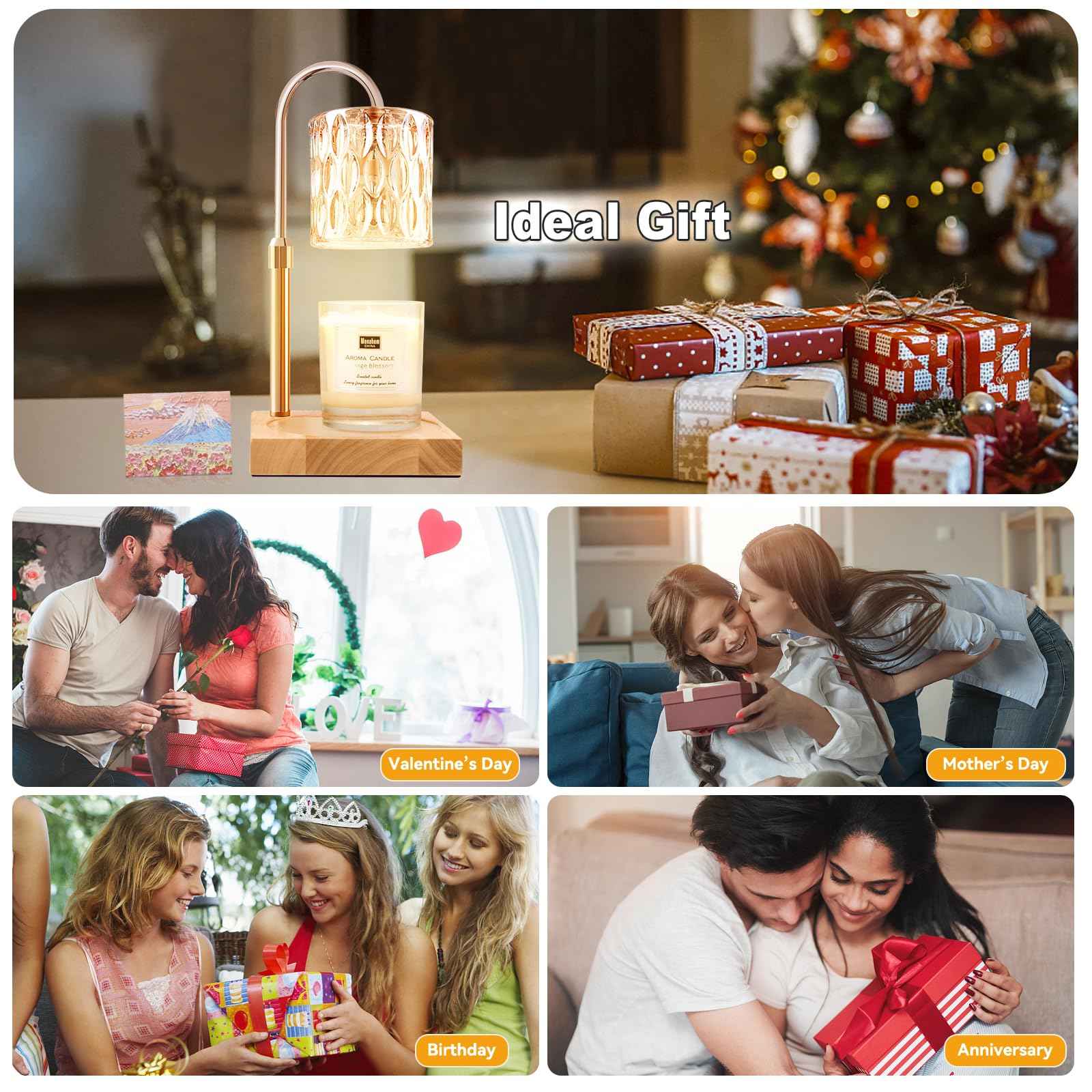 Candle Warmer Lamp with 3 Bulbs, Adjustable Height Dimmable Candle Warmer with Timer, Candle Lamp with Charming Gift Box Ribbon,Birthday Gifts for Women Mom, House Warming Gifts New Home Decor