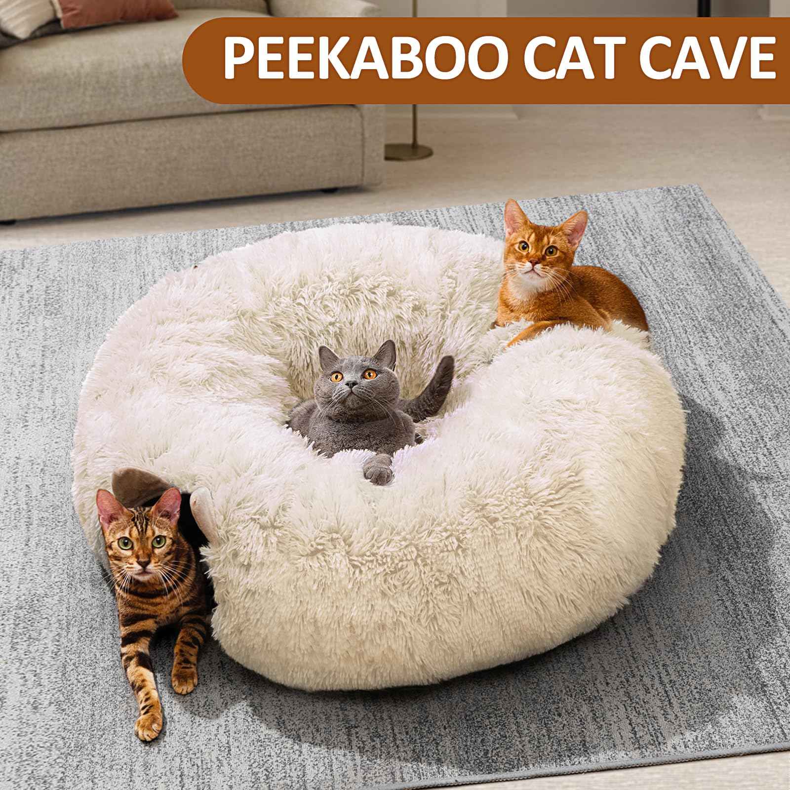 Cat Tunnel with Cat Bed for Indoor Cats, Under Christmas Tree Soft Plush Peekaboo Cat Cave Donut Tunnel, Multifunctional Playground Toys Hideplace for Kittens, Rabbit, Ferret (Grey)