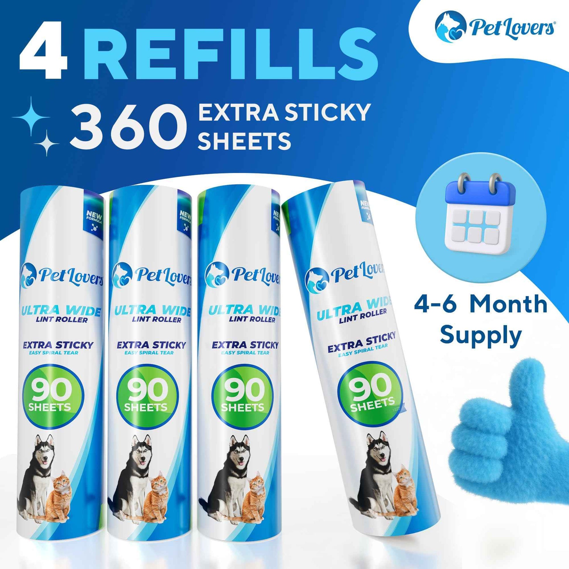 PetLovers Extra Sticky Lint Roller Mega Value Set 450 Sheets for Pet Hair Removal and Clothes, Dog and Cat Lint Remover 5 Pack