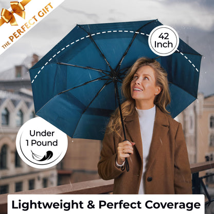 TUMELLA Strongest Windproof Travel Umbrella (Compact, 100MPH Wind-Tested), Light, Portable, One-Handed Use, Automatic Folding Rain Umbrella, Durable, Premium Grip, Fits Car & Backpack
