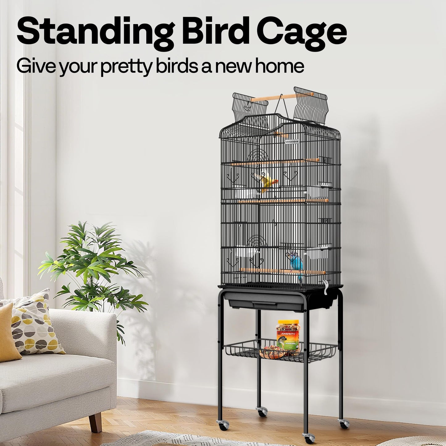 VIVOHOME 64 Inch Bird Cage with Play Top and Rolling Stand for Parrots Conures Lovebird Cockatiel Parakeets Gray