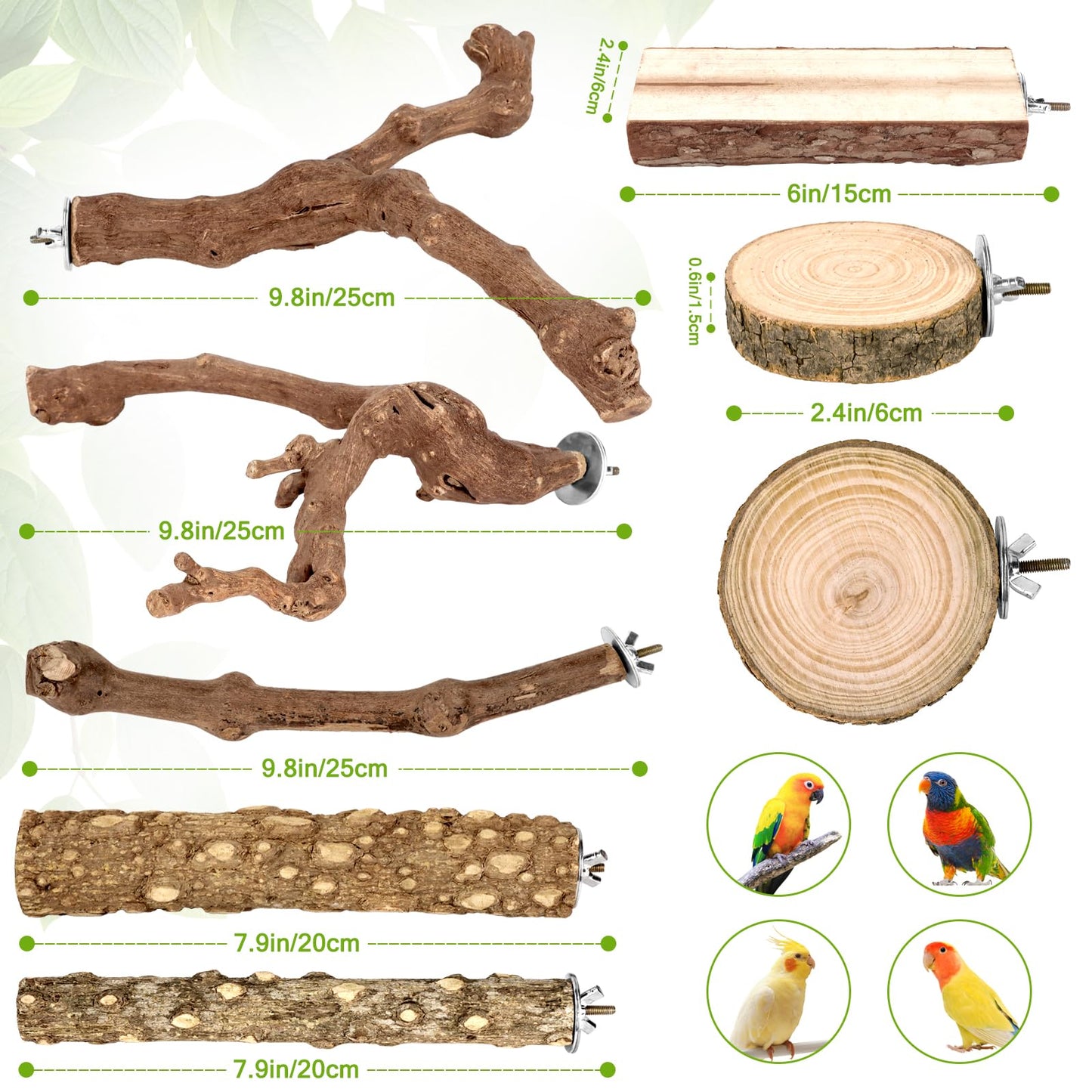 Natural Wood Bird Perches for Cage, Parrot Perch Stand & Platform, Bird Cage Accessories for Parakeets, Cockatiels, Conures, Lovebirds (Brown, Core Perch & Platform - 8PCS)