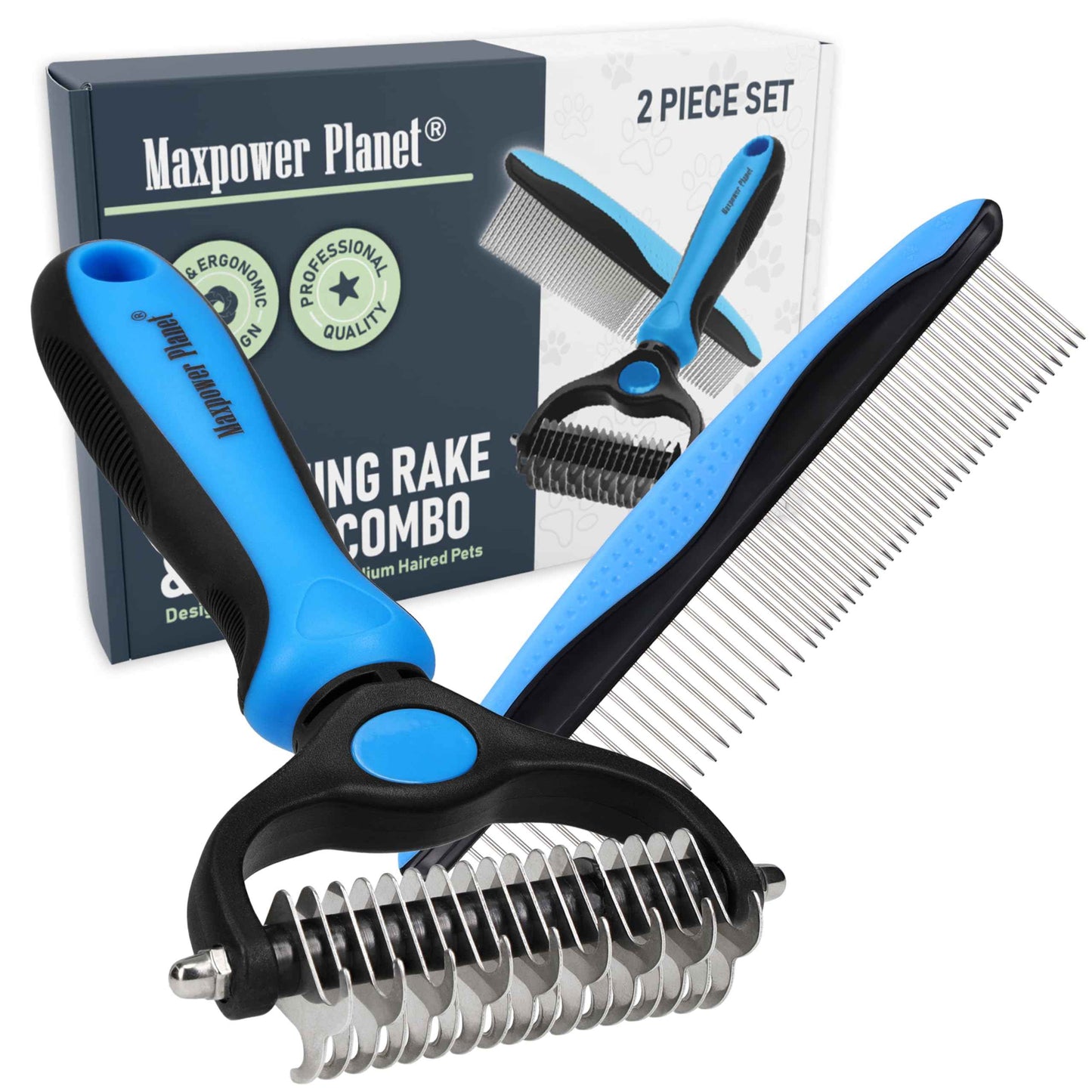 Maxpower Planet Pet Grooming Brush - Double Sided Shedding and Dematting Undercoat Rake Comb for Dogs and Cats,Extra Wide (B1 - Rake, Gloves & Comb, Large)