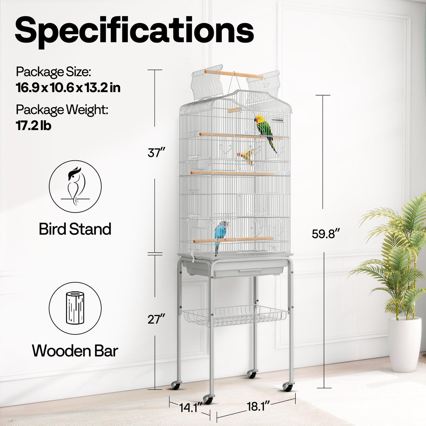VIVOHOME 64 Inch Bird Cage with Play Top and Rolling Stand for Parrots Conures Lovebird Cockatiel Parakeets Gray