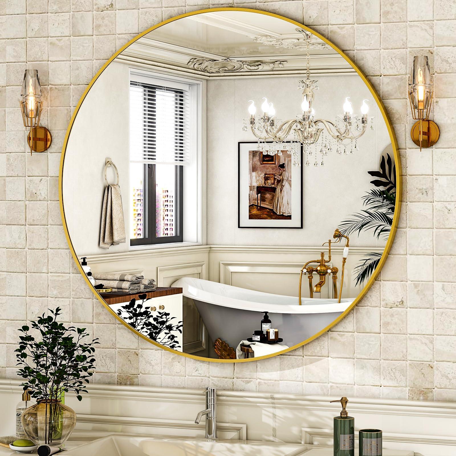 HARRITPURE Round Mirror 30 Black Wall Mounted Circle Mirrors Vanity Mirror with Brushed Aluminum Alloy Frame Modern Decoration for Bathroom, Living Room, Vanity, Bedroom, Entryway - Jlhbookstore.store