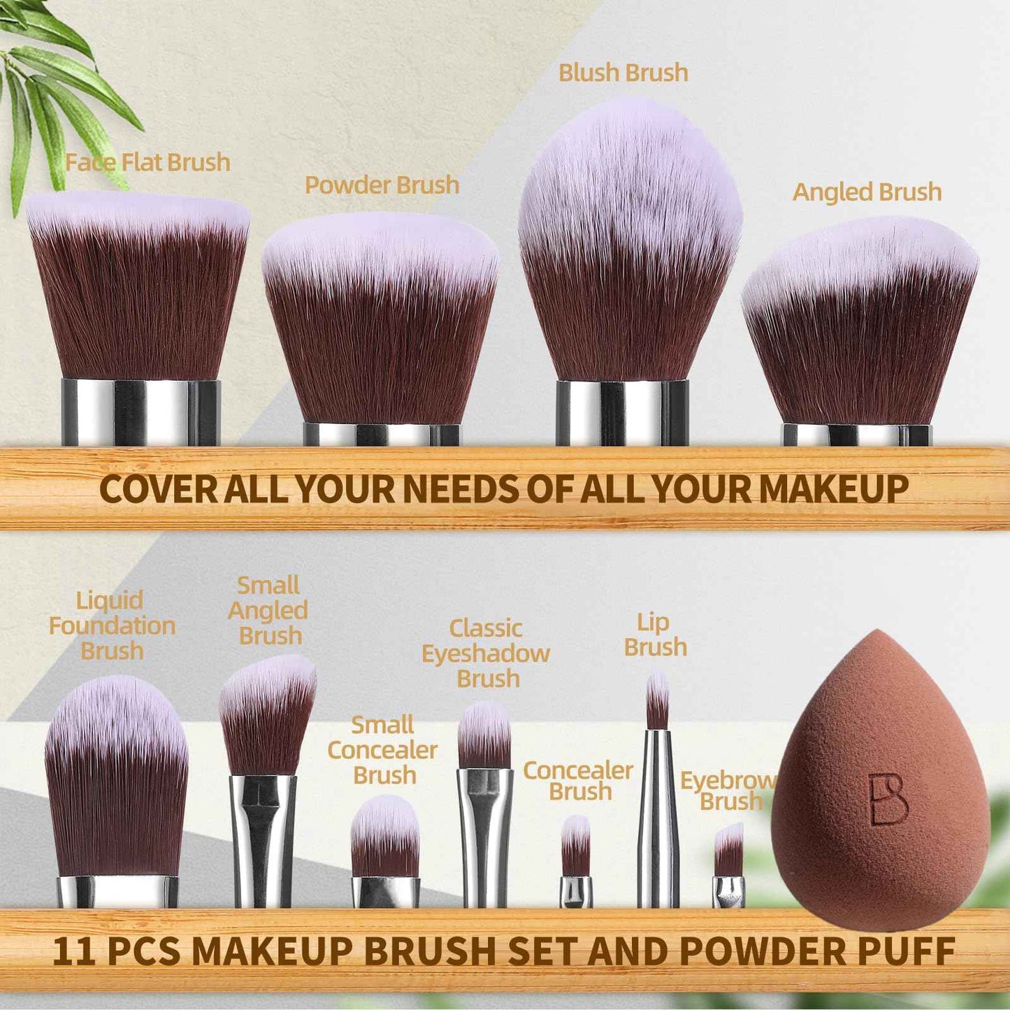 BS-MALL Makeup Brush Set 11Pcs Bamboo Synthetic Kabuki Brush Set Foundation Powder Blending Concealer Eye shadows Blush Cosmetics Brushes with Organizer Bag & Makeup Sponge (Bamboo 11)