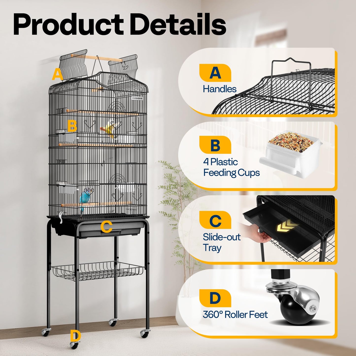 VIVOHOME 64 Inch Bird Cage with Play Top and Rolling Stand for Parrots Conures Lovebird Cockatiel Parakeets Gray