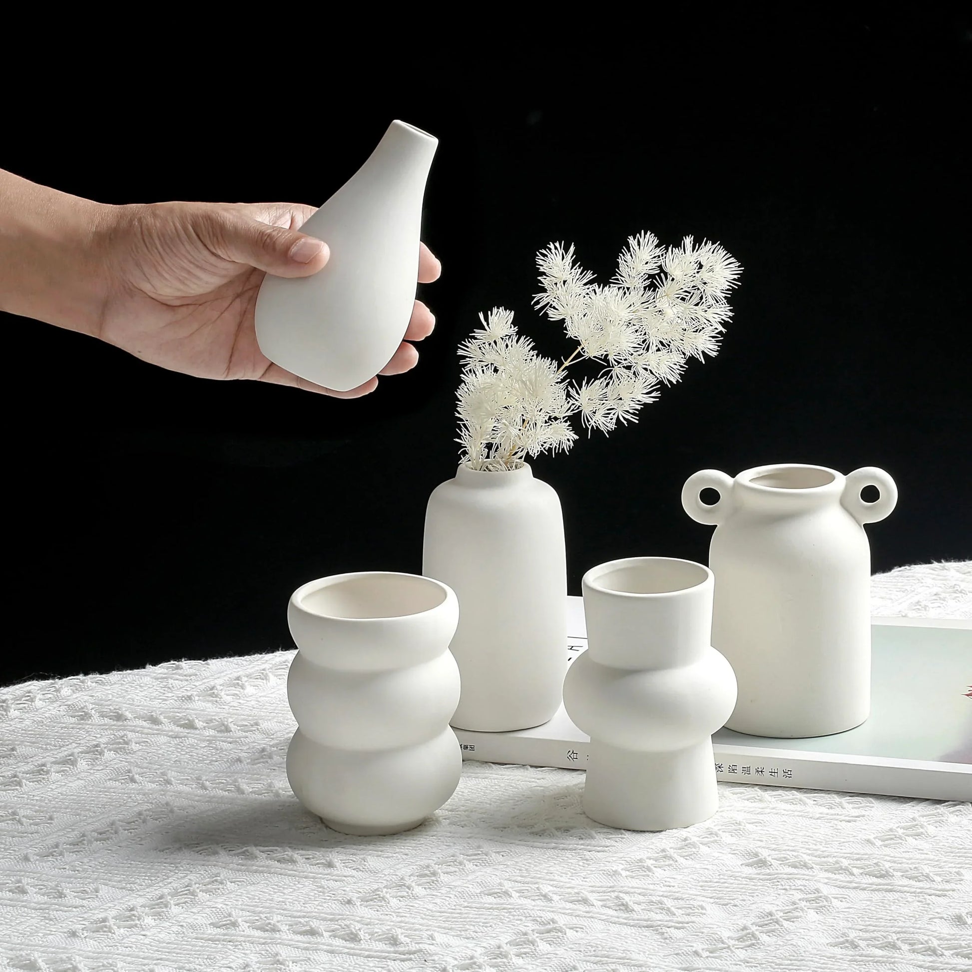 Set of 8 White Ceramic Vases for Dried Pampas Grass Flowers, Aesthetic Boho Modern Decor for Farmhouse Living Room Coffee Table Shelf Fireplace Centerpiece Bedroom Office Desk Home DIY Gifts - Jlhbookstore.store