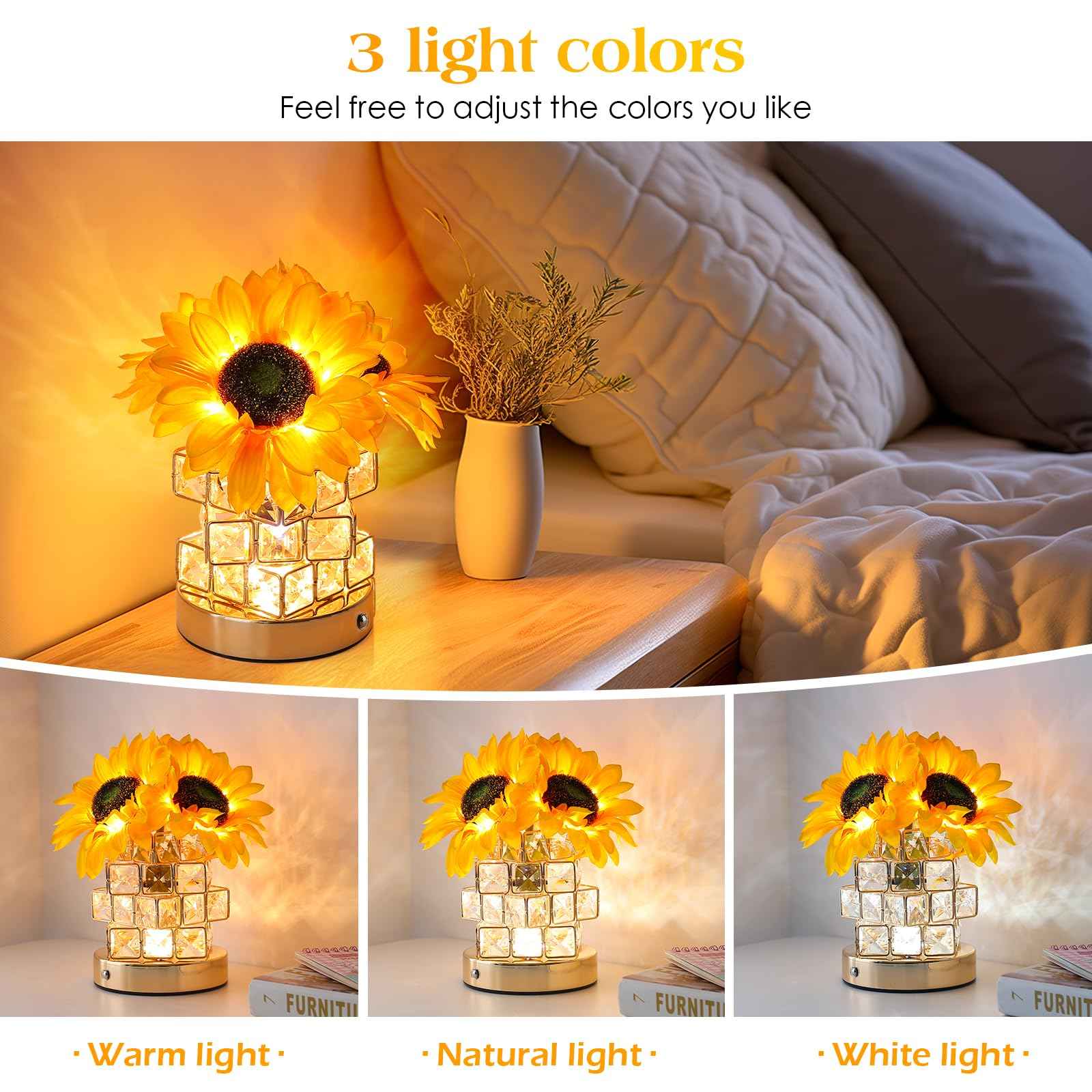 Sunflowers Flower Lamp,Rechargeable Cordless Touch Table Lamp,3-Colour Infinitely Dimming Small Night Light,Festival Restaurant Bedroom Bar Coffee Shop Birthday Gifts for Women Mom