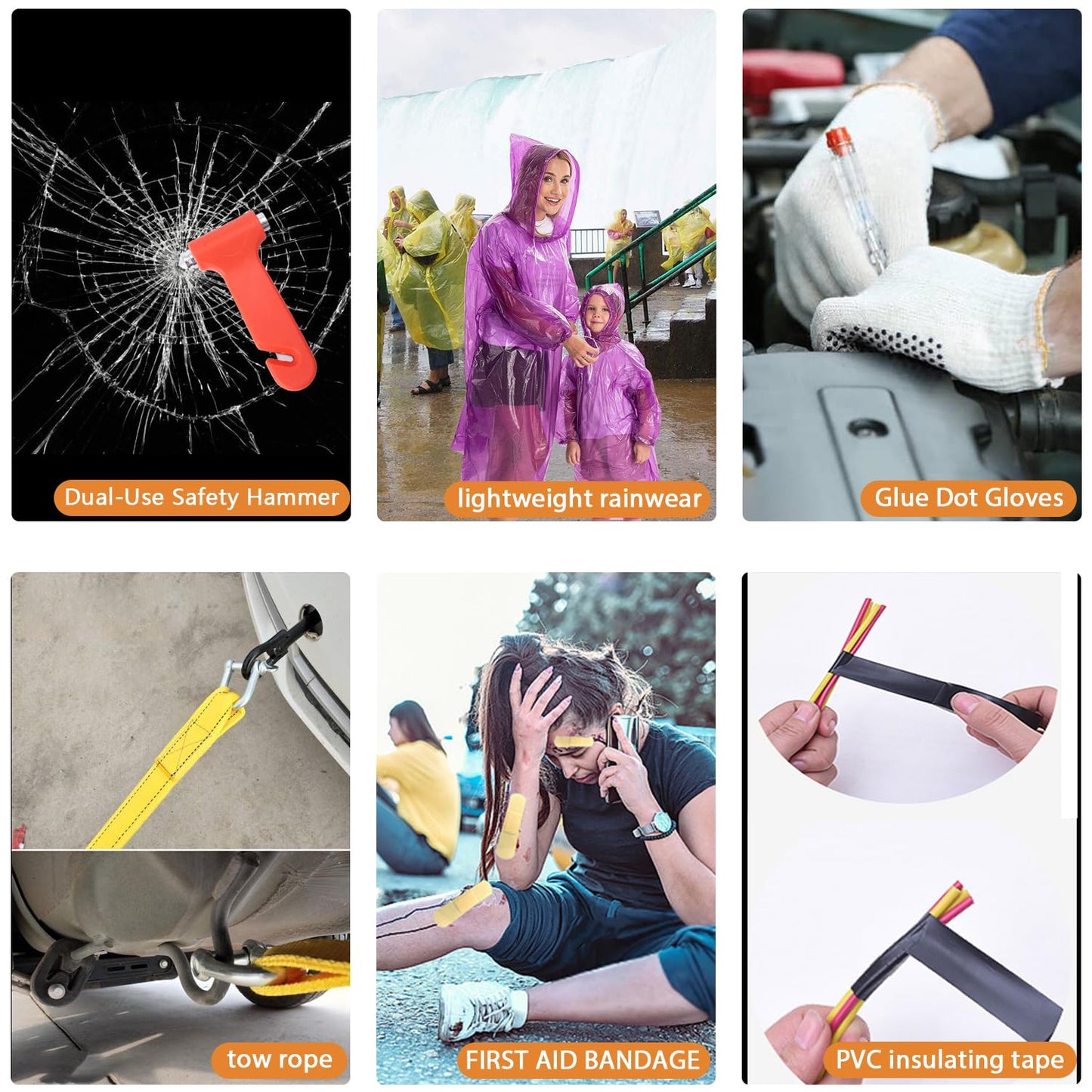 Car Roadside Emergency Kit, with Jumper Cables Automotive Kit,Car Safety Roadside Assistance Kit Headlamp,Tow Straps, Safety Hammers, Rainwear, Gloves.Black