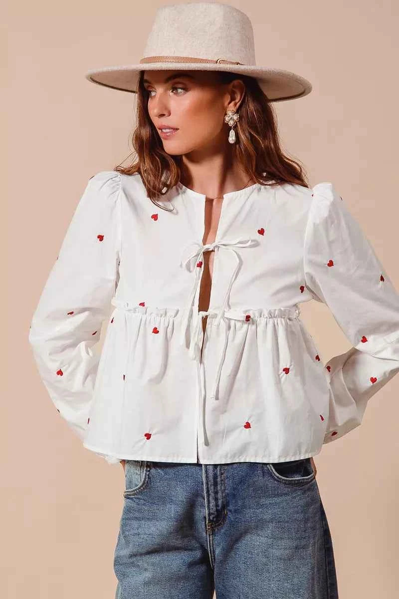 SO ME Front Tie Heart Embroidered Blouse With Puff Sleeve