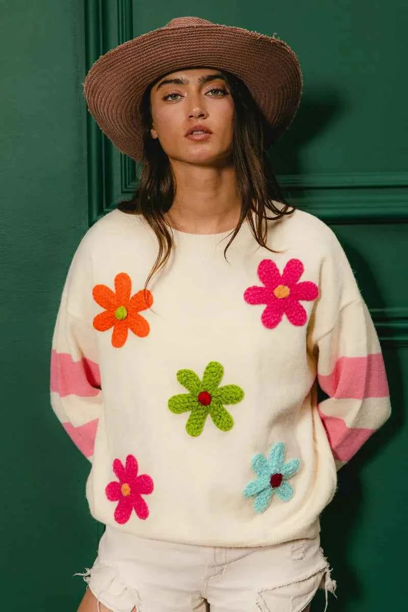 BiBi Colorful Floral Patched Sweater with Striped Sleeve