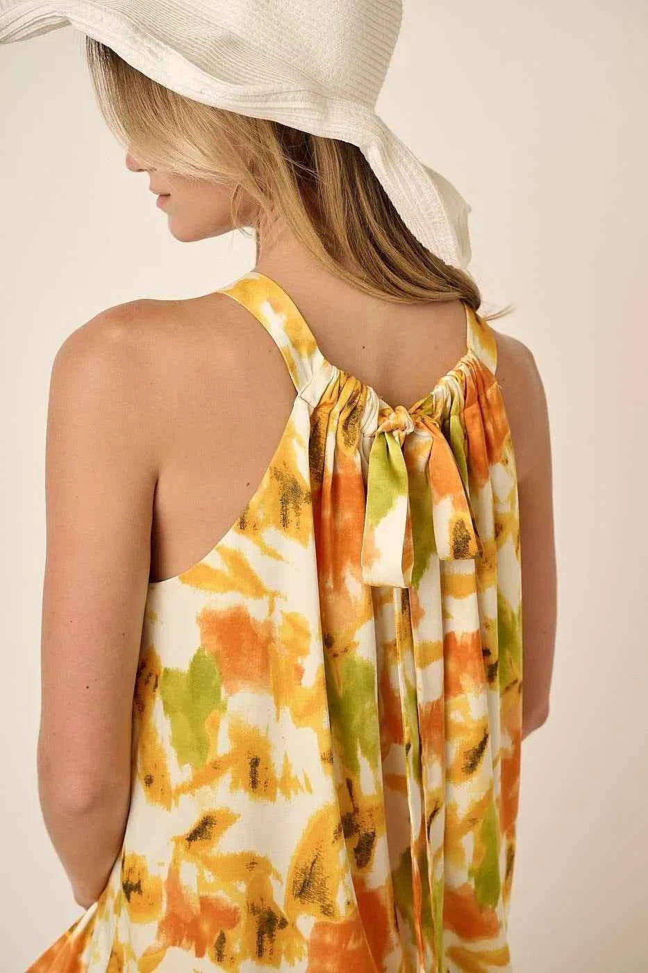 Mittoshop Watercolor Print Halter Neck Satin Maxi Dress