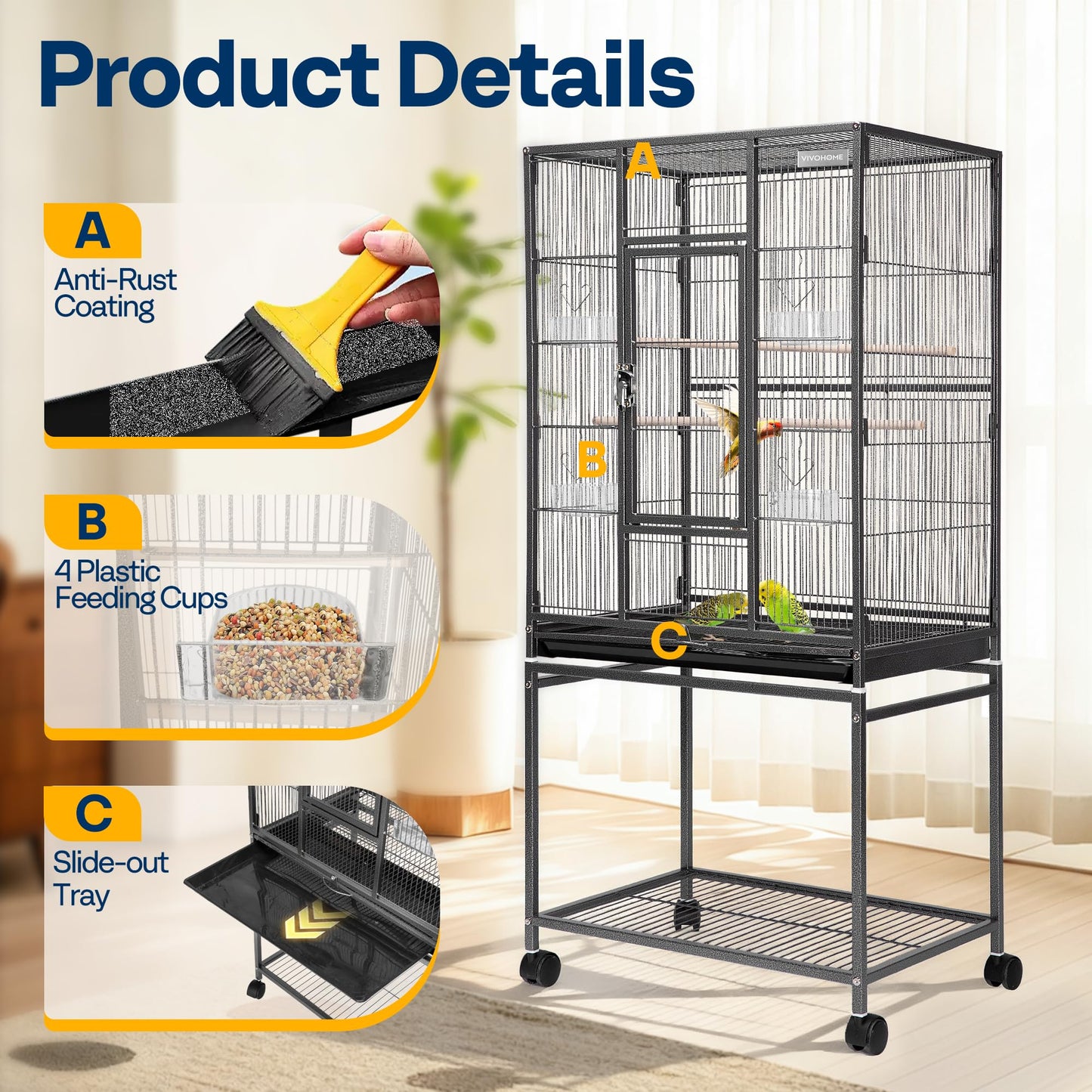 VIVOHOME 54 Inch Wrought Iron Large Bird Flight Cage with Rolling Stand for Parakeets Canaries Cockatiels Lovebirds Conures, Black