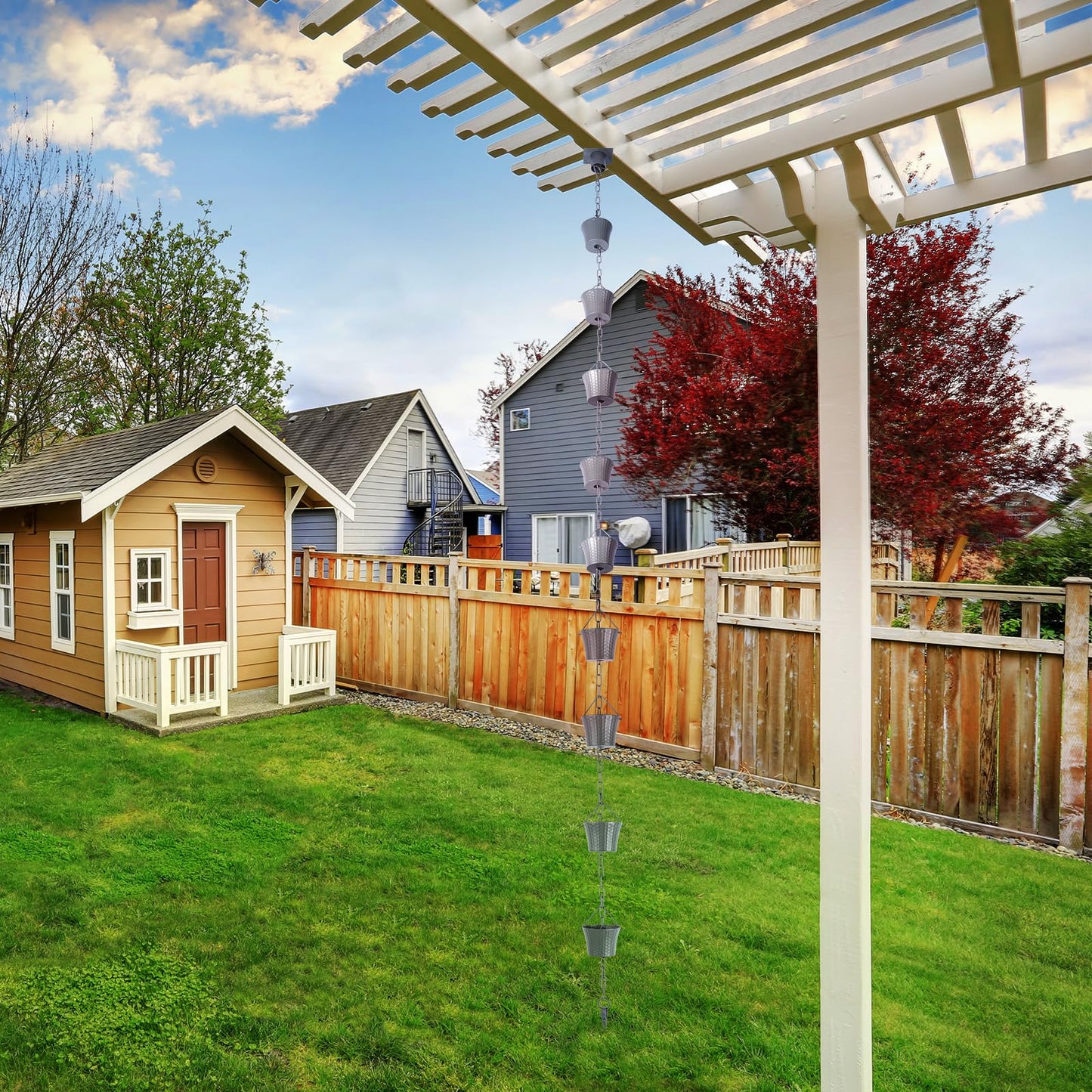 Rain Chain Bird Cage Set 8.5Ft, Not Rust Wrought Iron Rain Chains for Gutters with Adapter Gotta Drain and Sturdy Anchoring Stake,13 Cups, 1 Hook, Adjustable Length for Garden Decorative (Coffee)