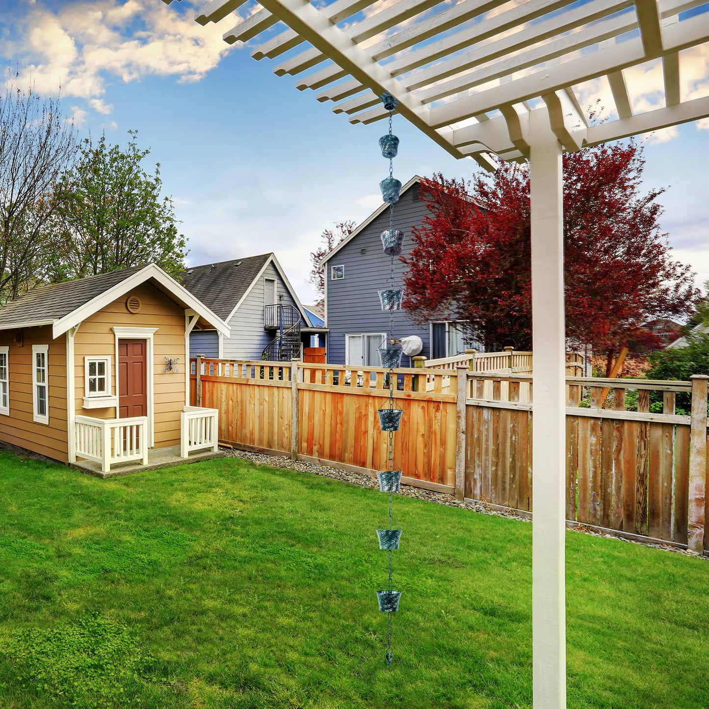 Rain Chain Bird Cage Set 8.5Ft, Not Rust Wrought Iron Rain Chains for Gutters with Adapter Gotta Drain and Sturdy Anchoring Stake,13 Cups, 1 Hook, Adjustable Length for Garden Decorative (Coffee)