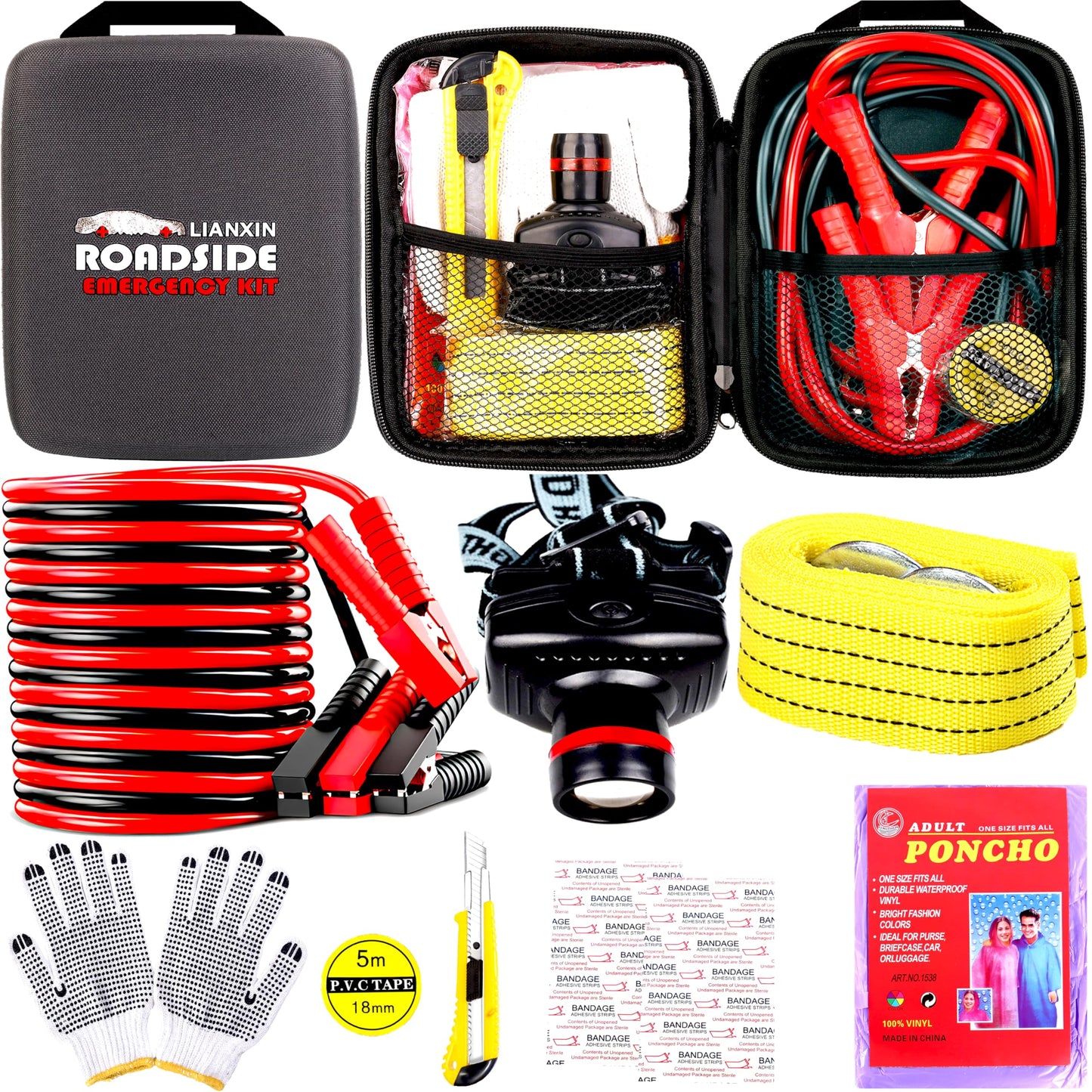 Car Roadside Emergency Kit, with Jumper Cables Automotive Kit,Car Safety Roadside Assistance Kit Headlamp,Tow Straps, Safety Hammers, Rainwear, Gloves.Black