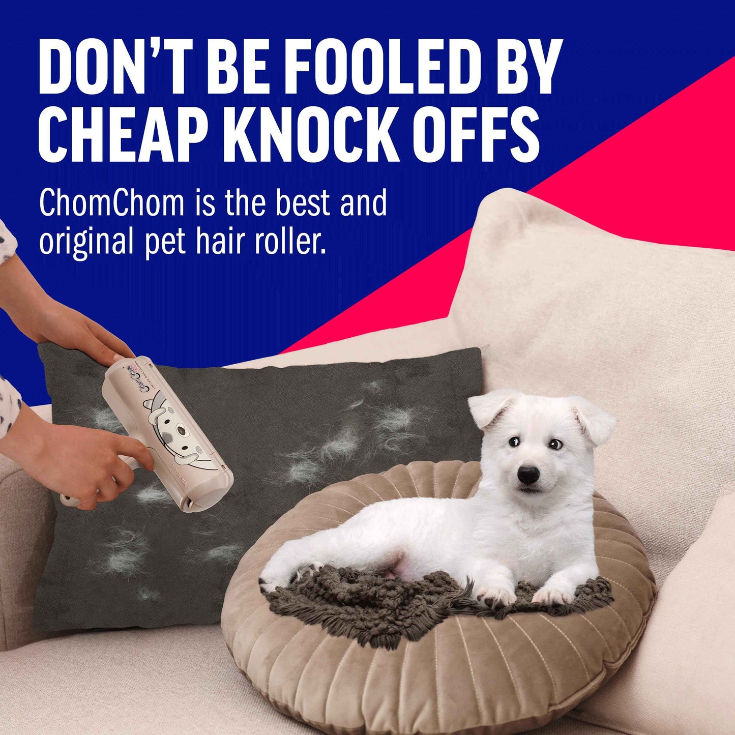 ChomChom Roller Pet Hair Remover – Original Size Reusable Lint Roller for Cat & Dog Hair on Furniture, Couch, Carpet, Car, Rugs & Bedding – Portable, Eco-Friendly (White)