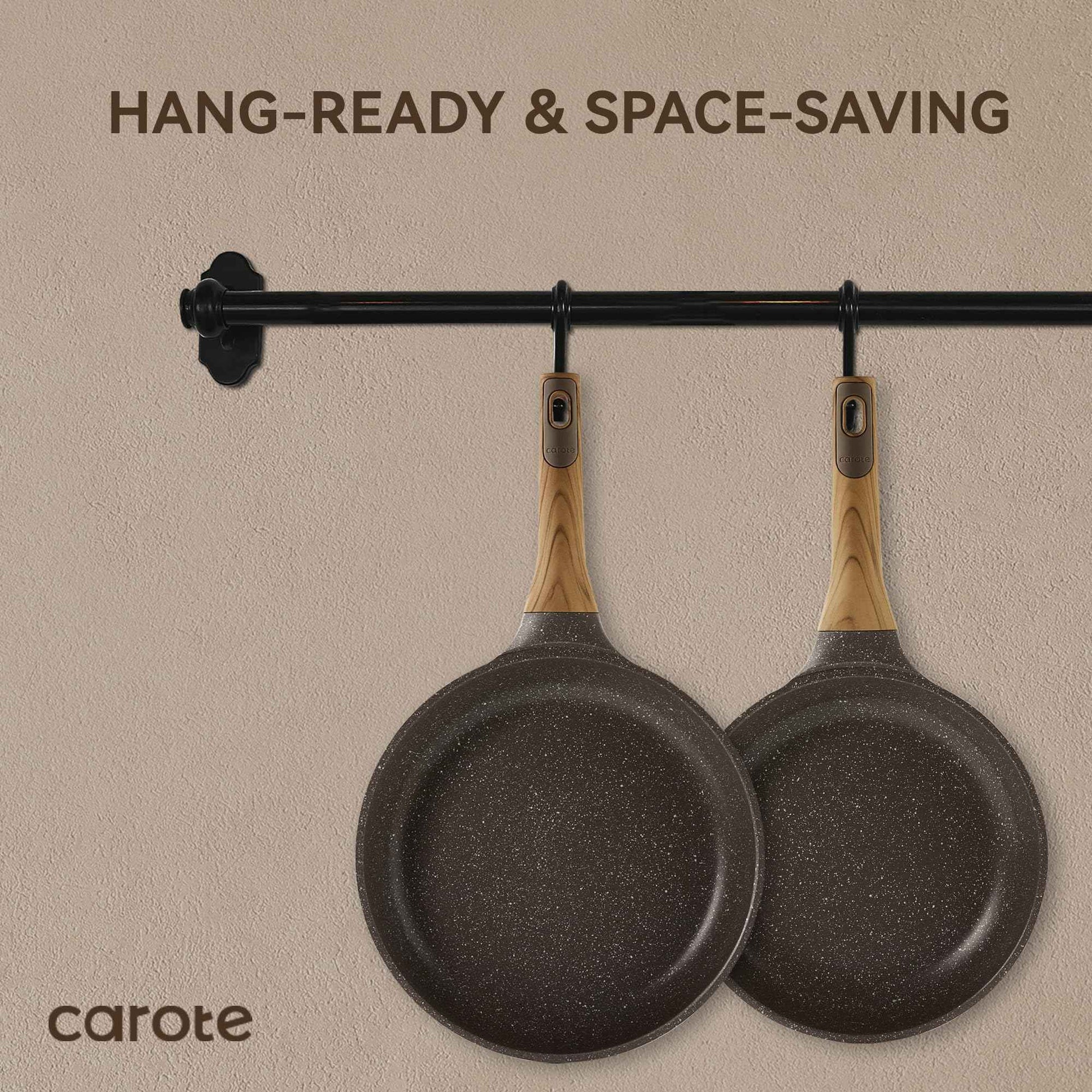 CAROTE Non Stick Frying Pan Skillet Set, Omelet Pan, Healthy Non Toxic Granite Chef Pan, Induction Compatible Egg Frying Pan with Heat-Resistant Handle, PFOA-Free,Black, 8"+10"+12"