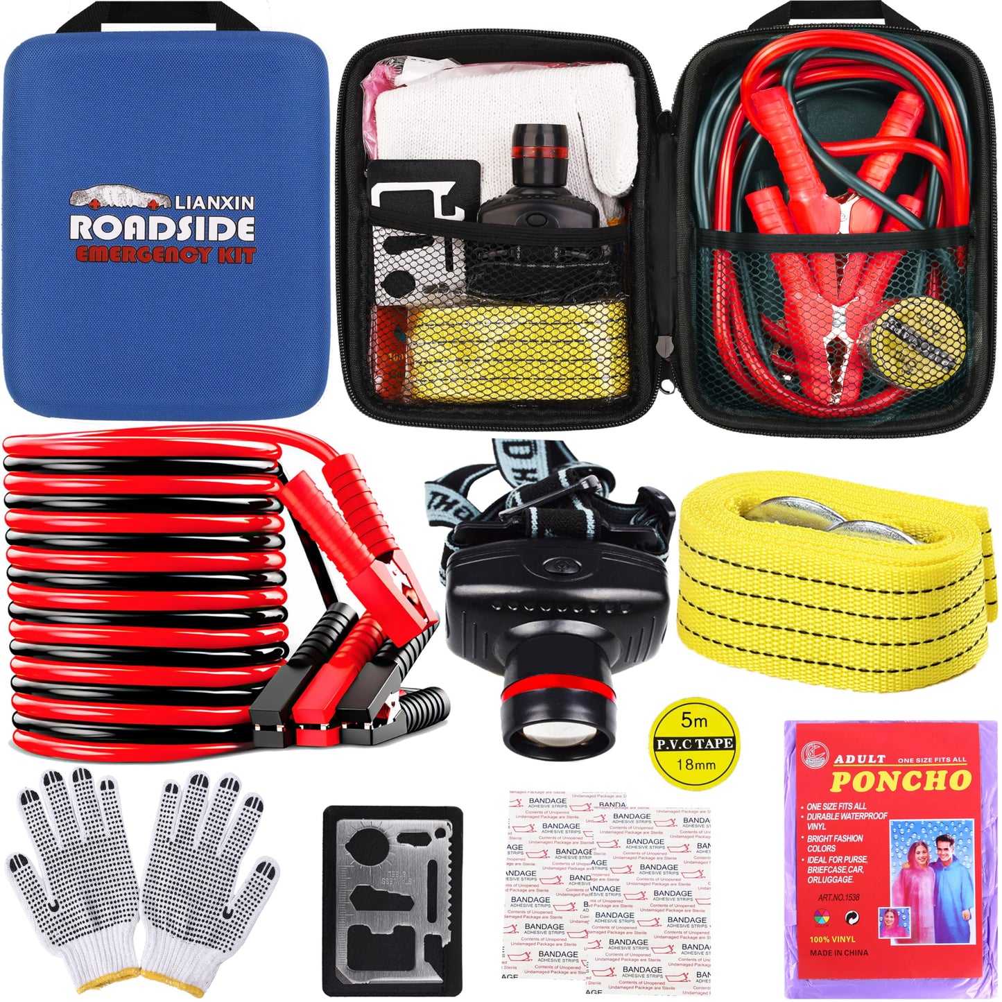 Car Roadside Emergency Kit, with Jumper Cables Automotive Kit,Car Safety Roadside Assistance Kit Headlamp,Tow Straps, Safety Hammers, Rainwear, Gloves.Black