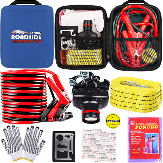 Car Roadside Emergency Kit, with Jumper Cables Automotive Kit,Car Safety Roadside Assistance Kit Headlamp,Tow Straps, Safety Hammers, Rainwear, Gloves.Black