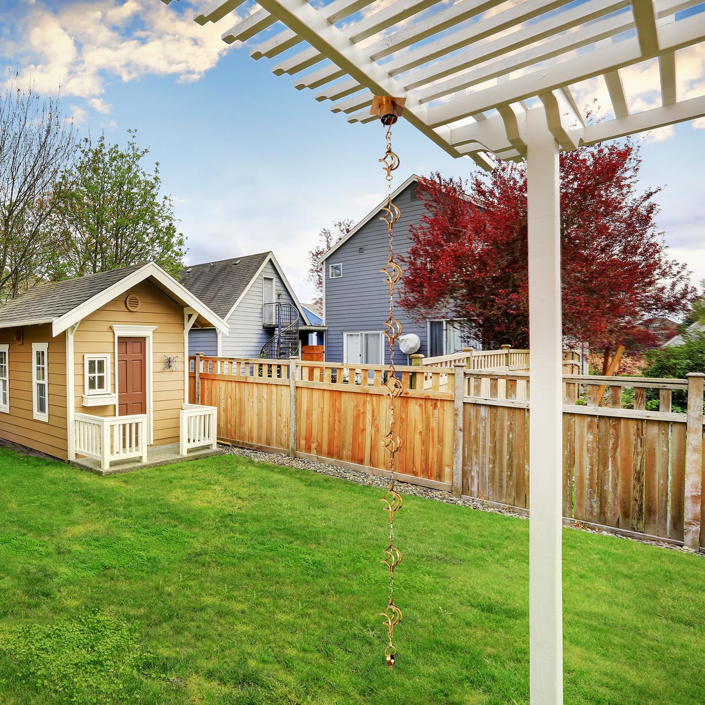 Rain Chain Bird Cage Set 8.5Ft, Not Rust Wrought Iron Rain Chains for Gutters with Adapter Gotta Drain and Sturdy Anchoring Stake,13 Cups, 1 Hook, Adjustable Length for Garden Decorative (Coffee)