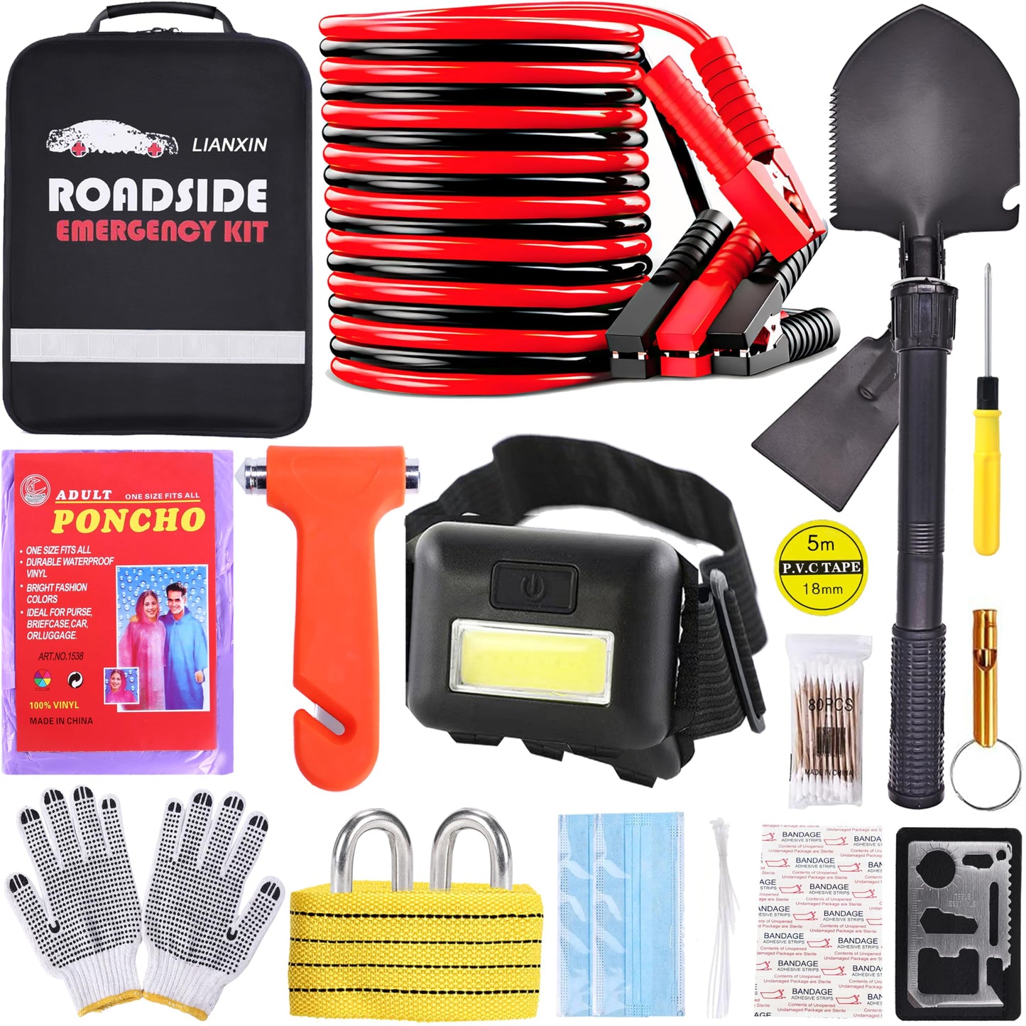 Roadside Assistance Emergency Kit - Car Emergency Kit with Jumper Cables (Upgraded) Emergency Roadside Kit for Car 142 Pieces Car Safety Kits,Tow Strap,Tool Kit,Reflective Warning Triangle