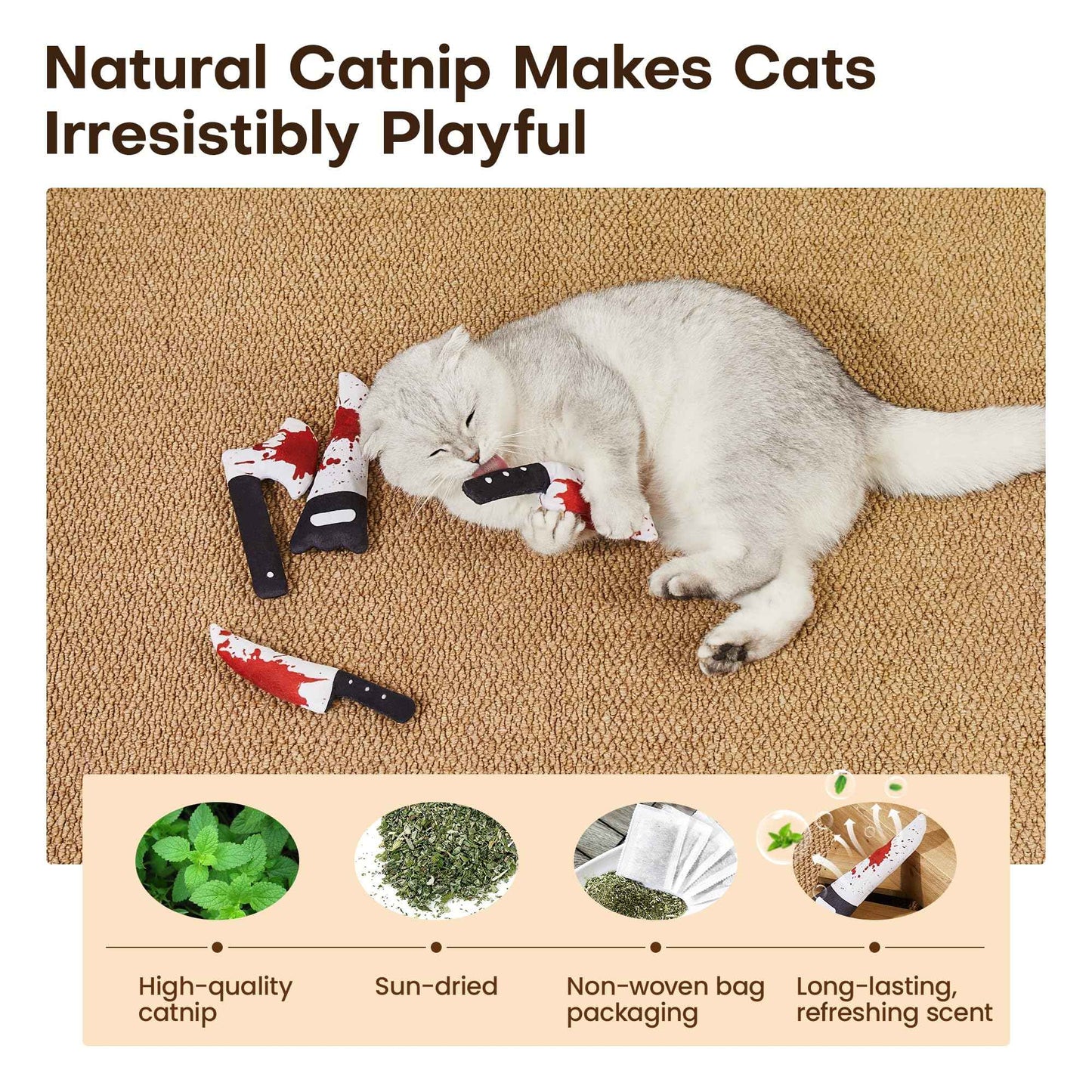 Potaroma 4Pcs Cat Toys, Horror Halloween Knife-Shaped Kitten Catnip Crinkly Sound Toys, Indoor Exercise for All Cat Breeds 6.5 Inches