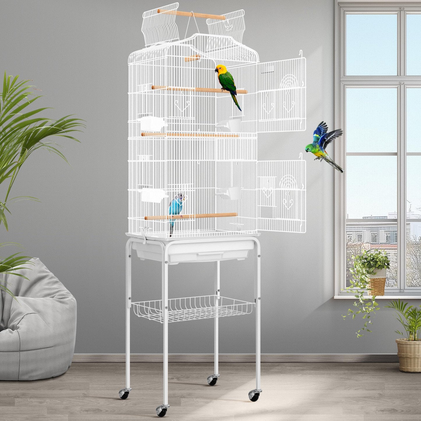 VIVOHOME 64 Inch Bird Cage with Play Top and Rolling Stand for Parrots Conures Lovebird Cockatiel Parakeets Gray