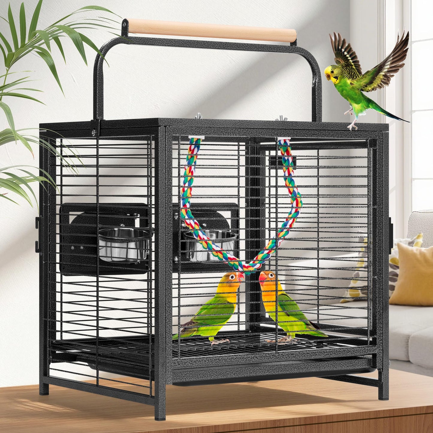 VIVOHOME 19 Inch Wrought Iron Bird Travel Carrier Cage for Parrots Conures Lovebird Cockatiel Parakeets Black
