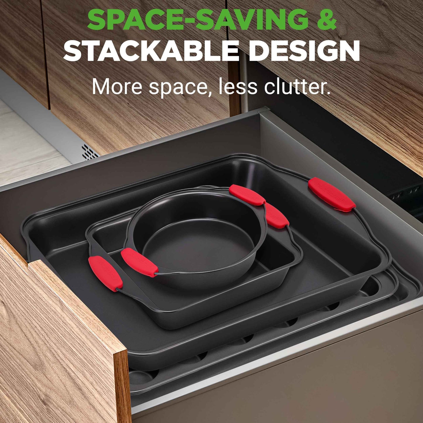 NutriChef 3-Piece Nonstick Kitchen Oven Baking Pans - Premium & Stylish Non-Stick Steel, Commercial Grade Restaurant Quality Metal Bakeware with Red Silicone Handles - Easy to Clean, NCSBS3S