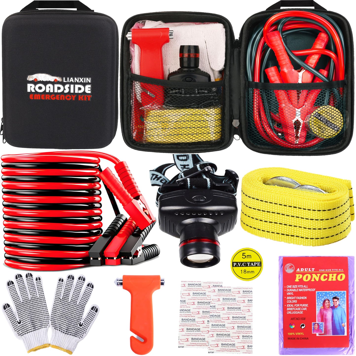 Car Roadside Emergency Kit, with Jumper Cables Automotive Kit,Car Safety Roadside Assistance Kit Headlamp,Tow Straps, Safety Hammers, Rainwear, Gloves.Black