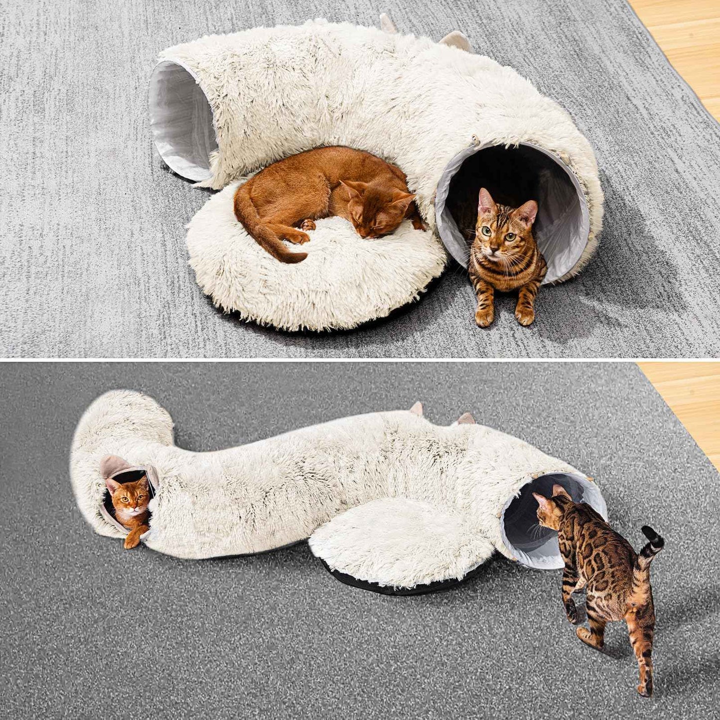 Cat Tunnel with Cat Bed for Indoor Cats, Under Christmas Tree Soft Plush Peekaboo Cat Cave Donut Tunnel, Multifunctional Playground Toys Hideplace for Kittens, Rabbit, Ferret (Grey)