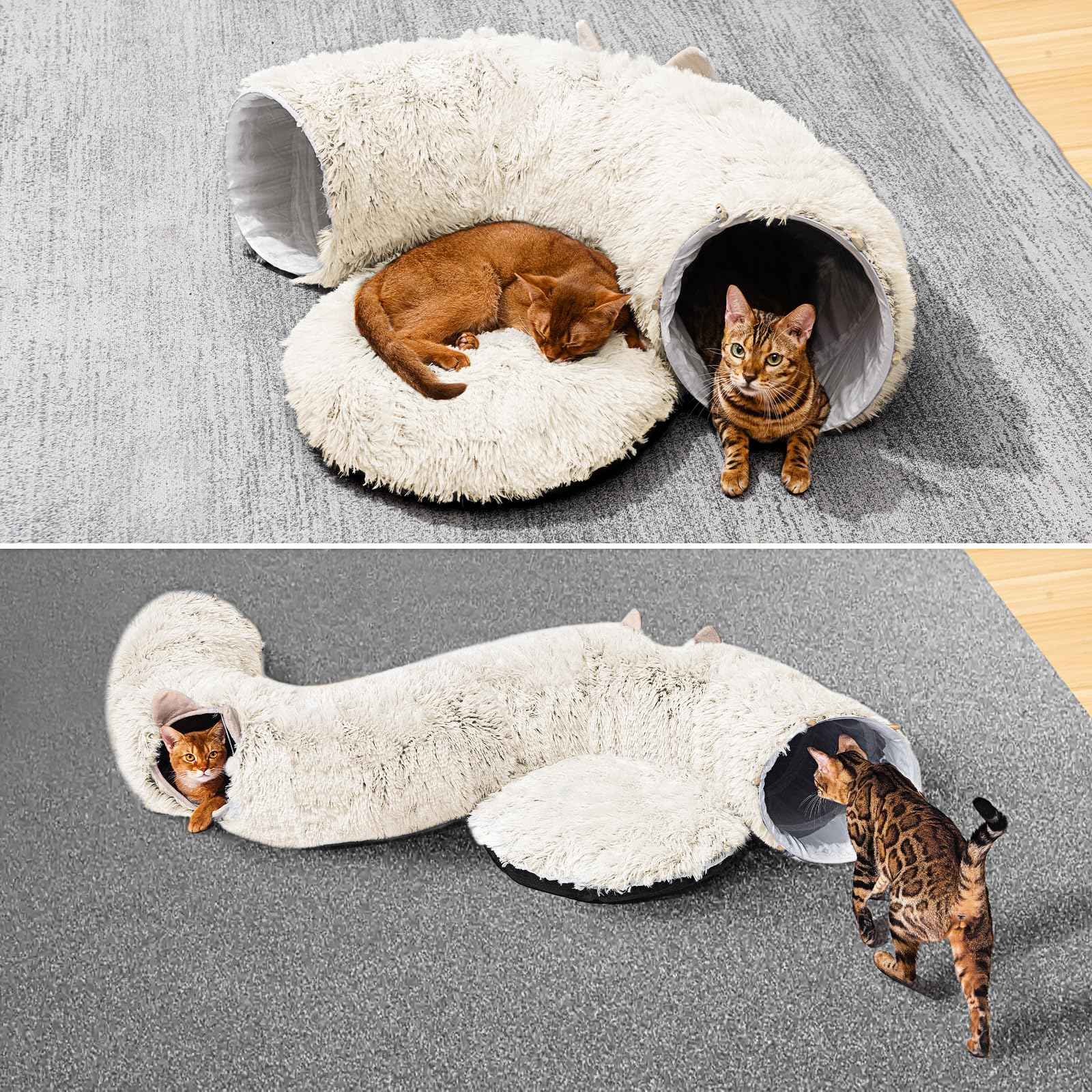 Cat Tunnel with Cat Bed for Indoor Cats, Under Christmas Tree Soft Plush Peekaboo Cat Cave Donut Tunnel, Multifunctional Playground Toys Hideplace for Kittens, Rabbit, Ferret (Grey)