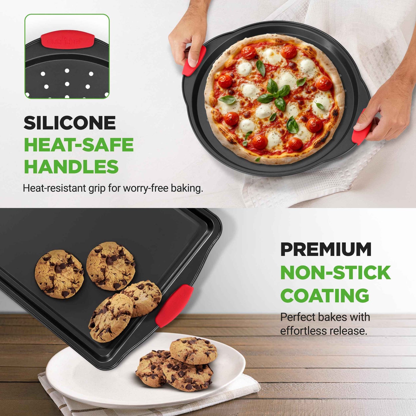 NutriChef 3-Piece Nonstick Kitchen Oven Baking Pans - Premium & Stylish Non-Stick Steel, Commercial Grade Restaurant Quality Metal Bakeware with Red Silicone Handles - Easy to Clean, NCSBS3S