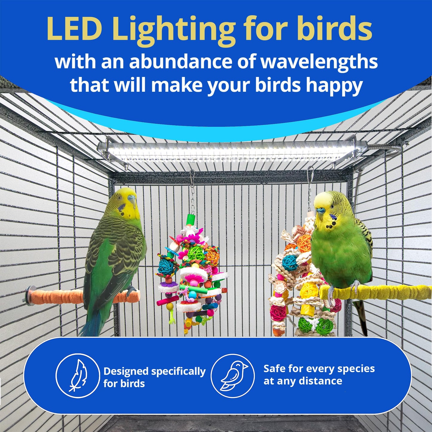 HappyBird Lighting Bird Cage Light with Chew Guard - Full Spectrum LED Pet Light - Simulates Natural Environment - Safe for Hookbill Birds – Easy to Install - (18" Long)