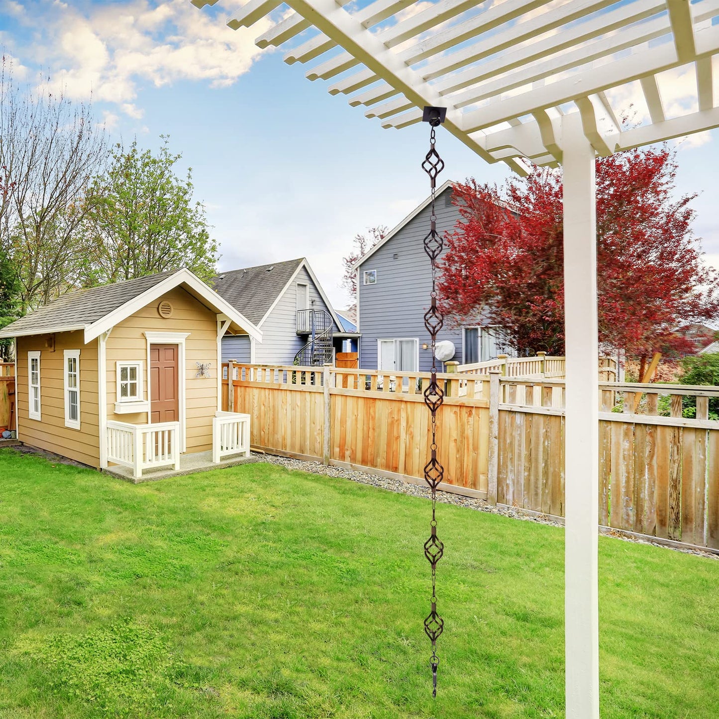 Rain Chain Bird Cage Set 8.5Ft, Not Rust Wrought Iron Rain Chains for Gutters with Adapter Gotta Drain and Sturdy Anchoring Stake,13 Cups, 1 Hook, Adjustable Length for Garden Decorative (Coffee)