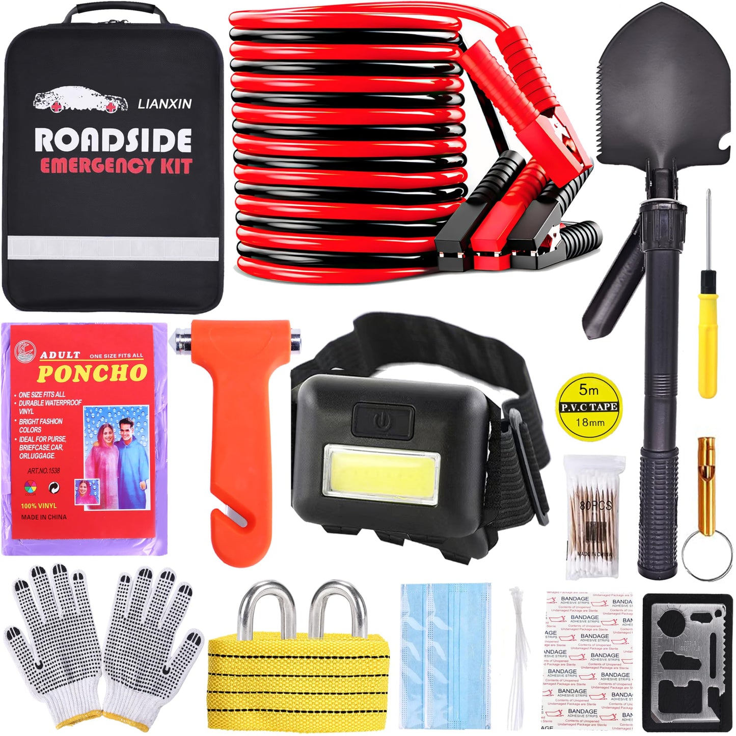 Roadside Assistance Emergency Kit - Car Emergency Kit with Jumper Cables (Upgraded) Emergency Roadside Kit for Car 142 Pieces Car Safety Kits,Tow Strap,Tool Kit,Reflective Warning Triangle