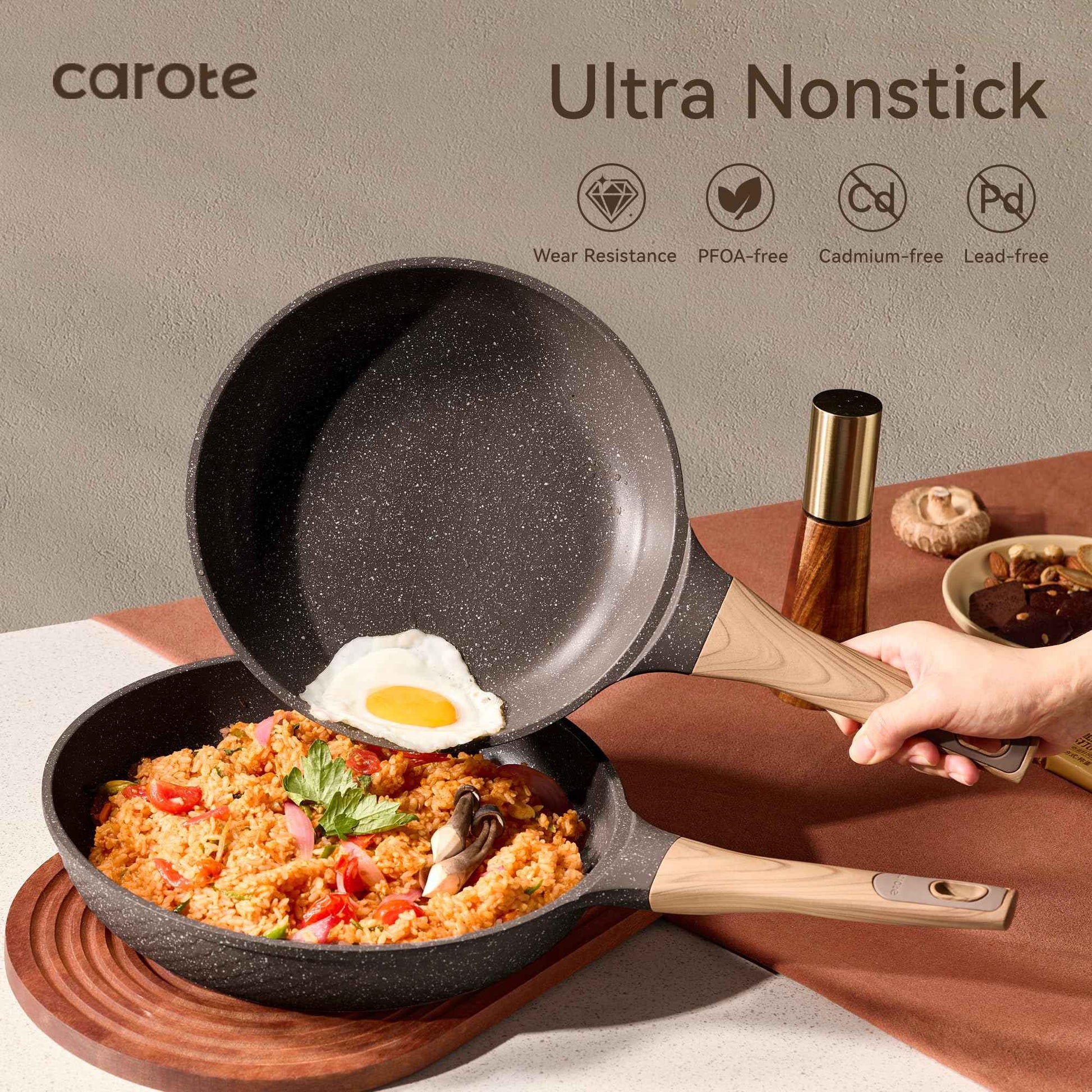 CAROTE Non Stick Frying Pan Skillet Set, Omelet Pan, Healthy Non Toxic Granite Chef Pan, Induction Compatible Egg Frying Pan with Heat-Resistant Handle, PFOA-Free,Black, 8"+10"+12"