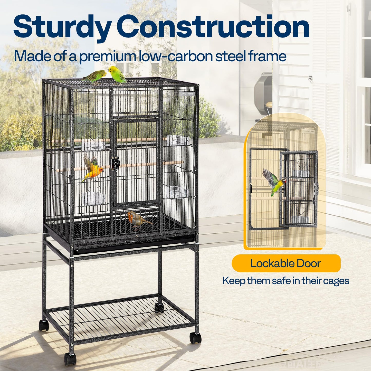 VIVOHOME 54 Inch Wrought Iron Large Bird Flight Cage with Rolling Stand for Parakeets Canaries Cockatiels Lovebirds Conures, Black