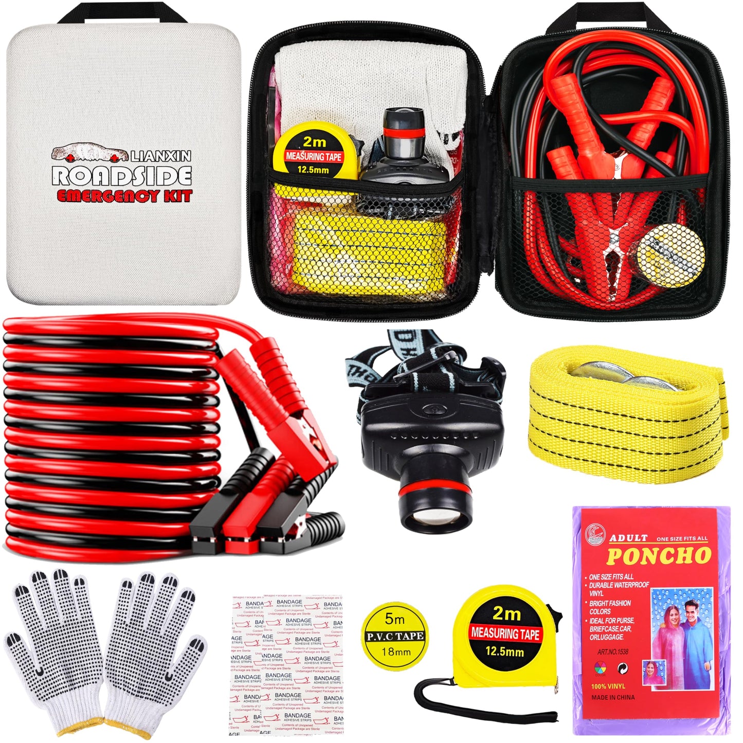 Car Roadside Emergency Kit, with Jumper Cables Automotive Kit,Car Safety Roadside Assistance Kit Headlamp,Tow Straps, Safety Hammers, Rainwear, Gloves.Black
