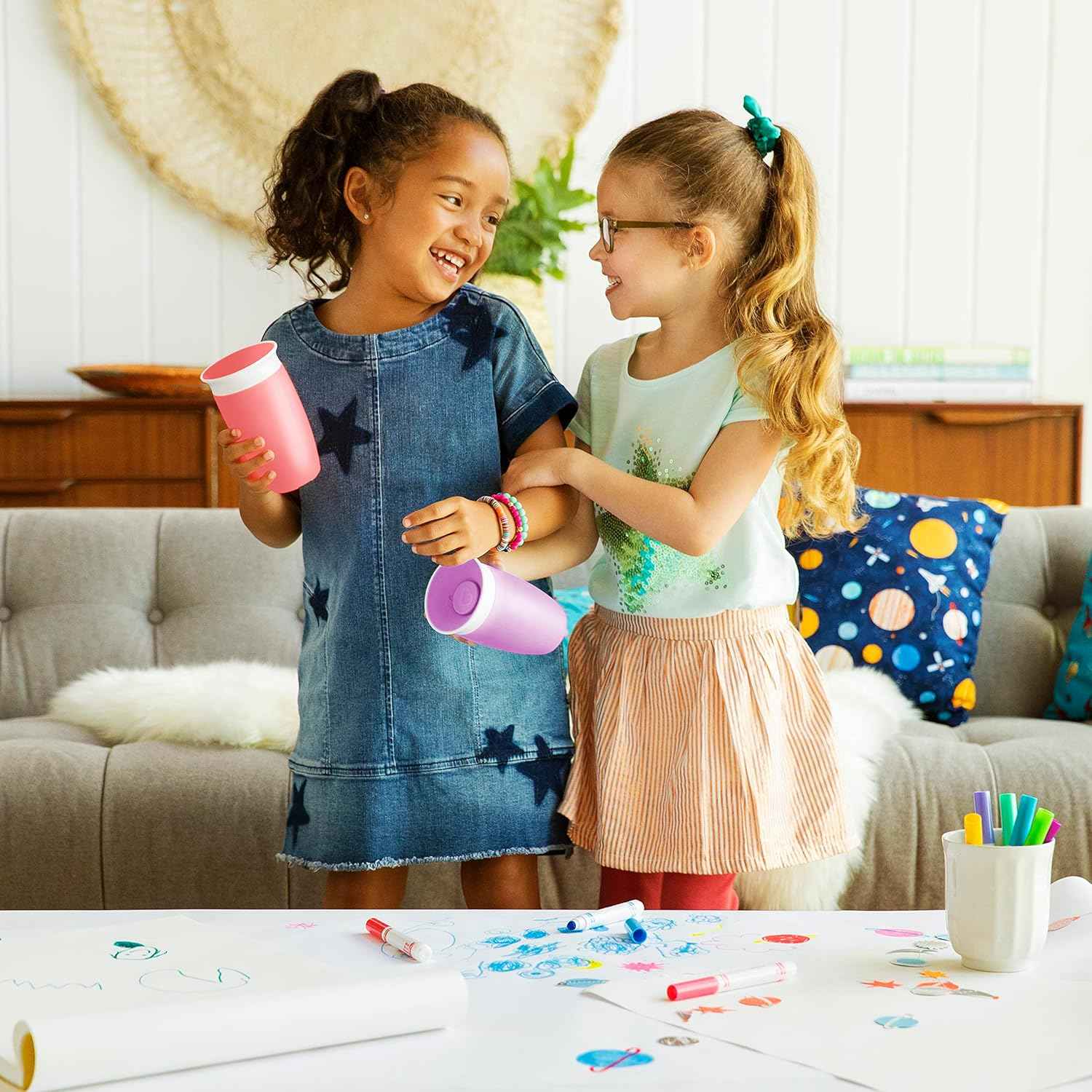 Munchkin Sippy Cups for Toddlers 1-3, Spill Proof Miracle 360 Cup, 10 Ounce, 2 Pack, Pink/Purple