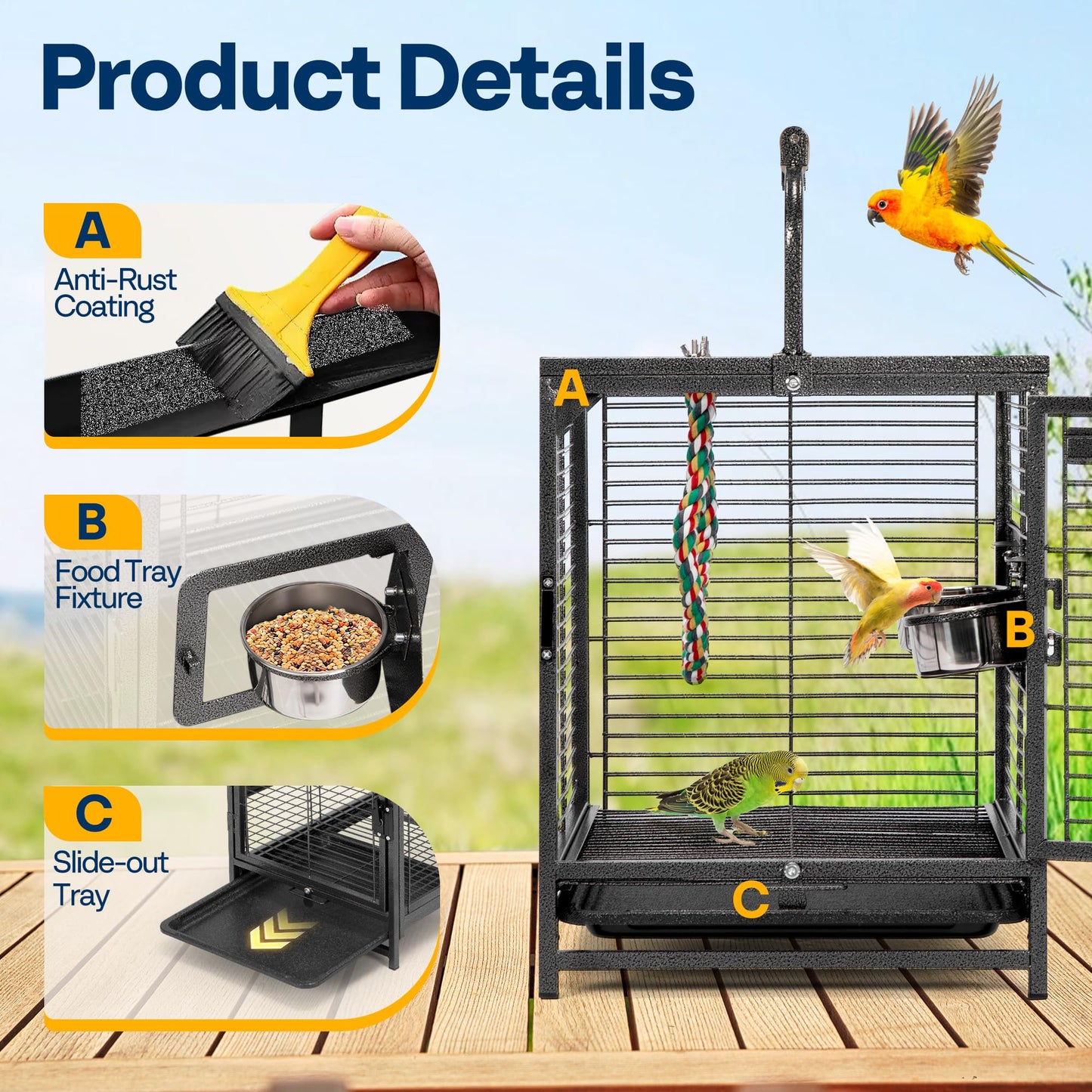 VIVOHOME 19 Inch Wrought Iron Bird Travel Carrier Cage for Parrots Conures Lovebird Cockatiel Parakeets Black