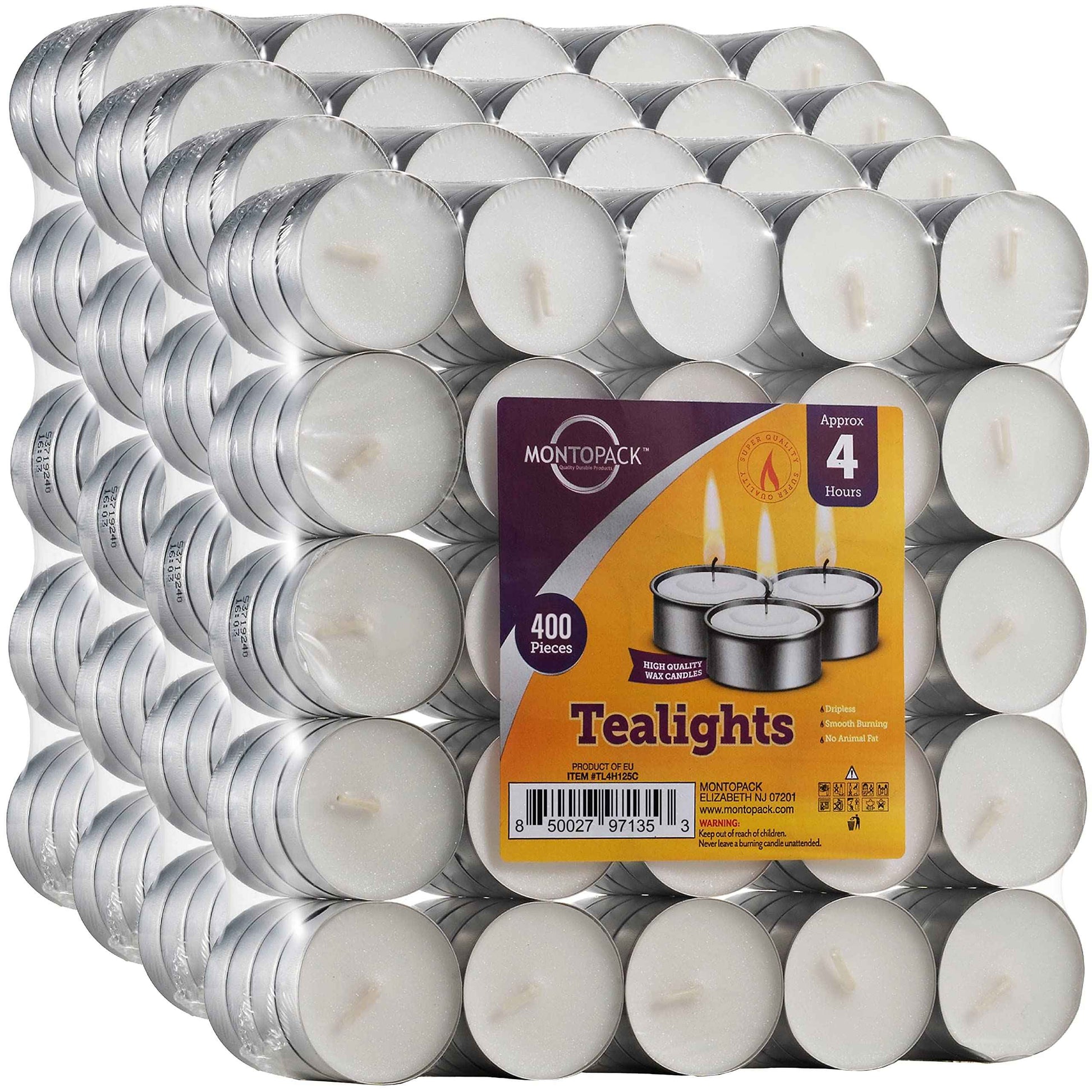 MontoPack Unscented Tea Light Candles 100 Pack | 4 hours, White, Smokeless, Dripless Small Votive Paraffin Tealights | Long-Lasting for Home, Shabbat, Weddings, Events, Emergencies | Mini Candles Bulk
