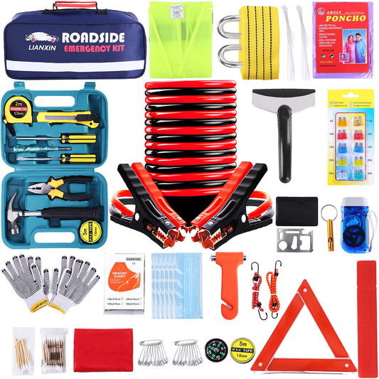 Roadside Assistance Emergency Kit - Car Emergency Kit with Jumper Cables (Upgraded) Emergency Roadside Kit for Car 142 Pieces Car Safety Kits,Tow Strap,Tool Kit,Reflective Warning Triangle