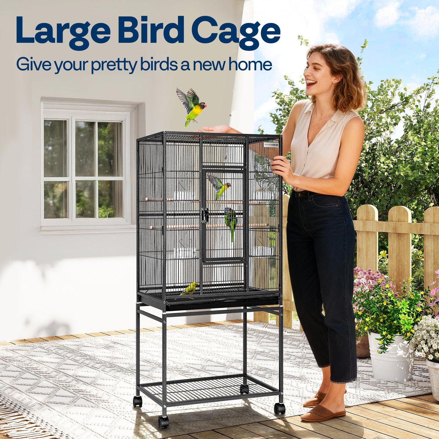 VIVOHOME 54 Inch Wrought Iron Large Bird Flight Cage with Rolling Stand for Parakeets Canaries Cockatiels Lovebirds Conures, Black