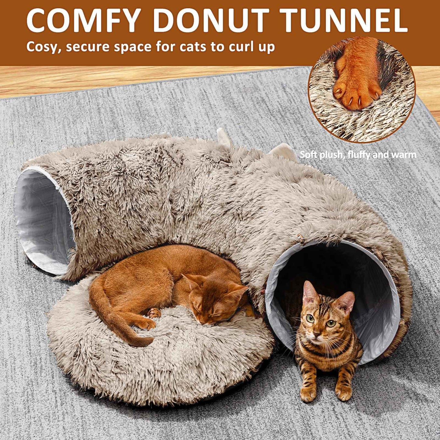 Cat Tunnel with Cat Bed for Indoor Cats, Under Christmas Tree Soft Plush Peekaboo Cat Cave Donut Tunnel, Multifunctional Playground Toys Hideplace for Kittens, Rabbit, Ferret (Grey)